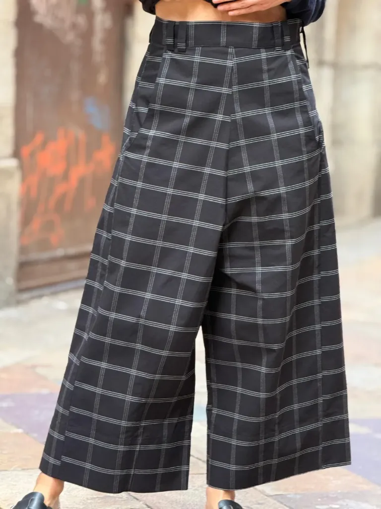 Pantalón Wide Leg Fine Check Negro (40)