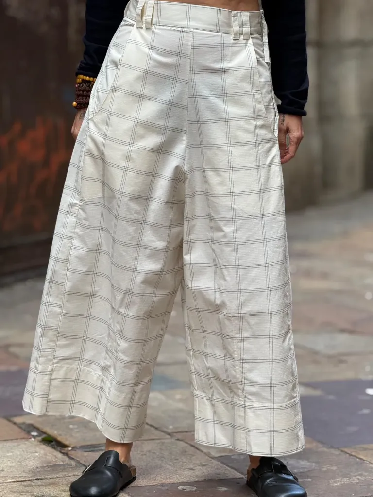 Pantalón Wide Leg Fine Check Blanco (40)